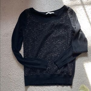 LOFT Black Lace-Front Crewneck Sweater